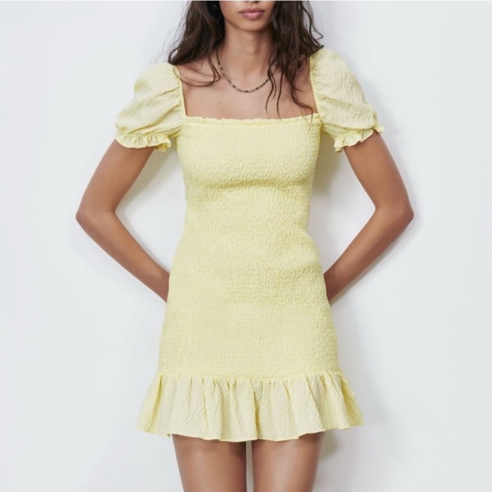 Zara Yellow Smocked Puff Sleeve Dress